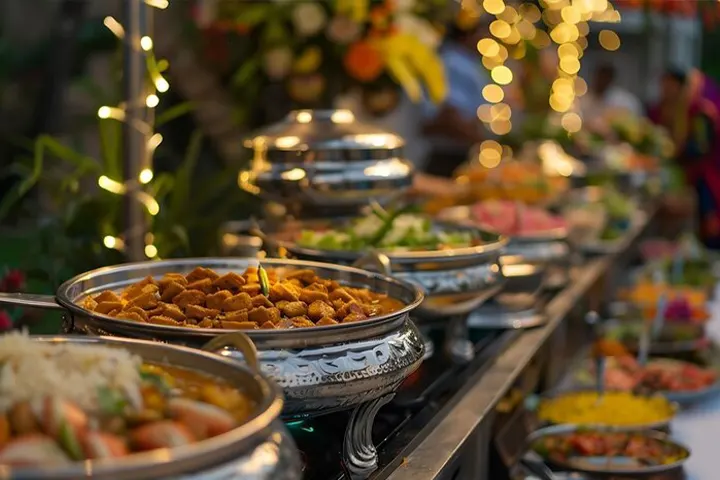 Lavish buffet arrangement with Indian cuisine at a wedding event organized by Joyous Events