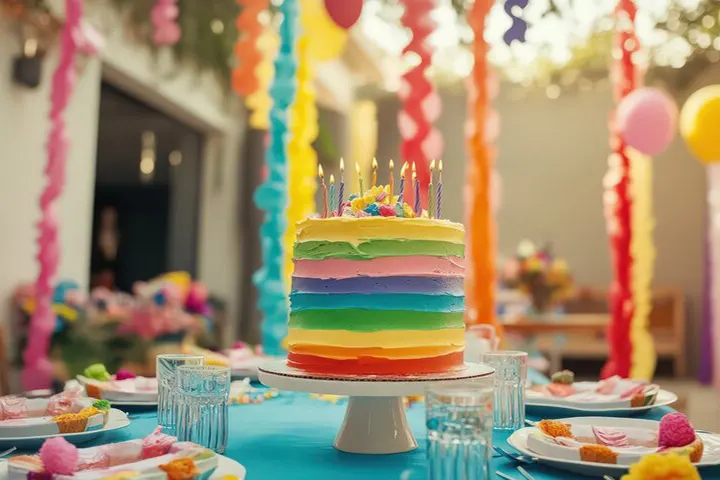 A vibrant rainbow birthday cake with lit candles on a decorated outdoor table, organized by Joyous Events