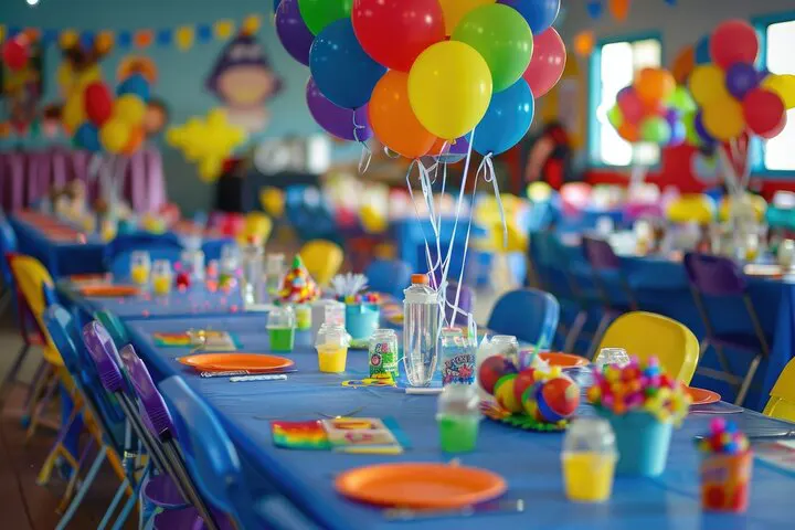 A vibrant kids birthday party table decorated with balloons, colorful plates, and party supplies, organized by Joyous Events