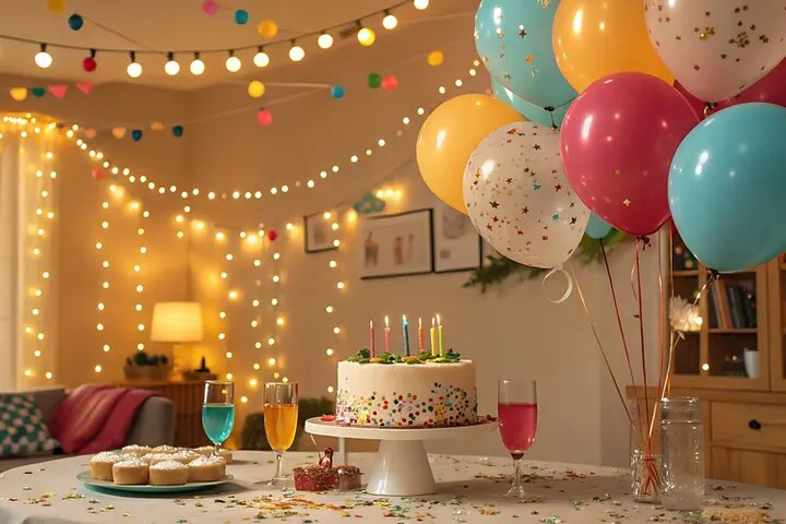 A vibrant birthday celebration setup with a cake, colorful balloons, cupcakes, and fairy lights, organized by Joyous Events