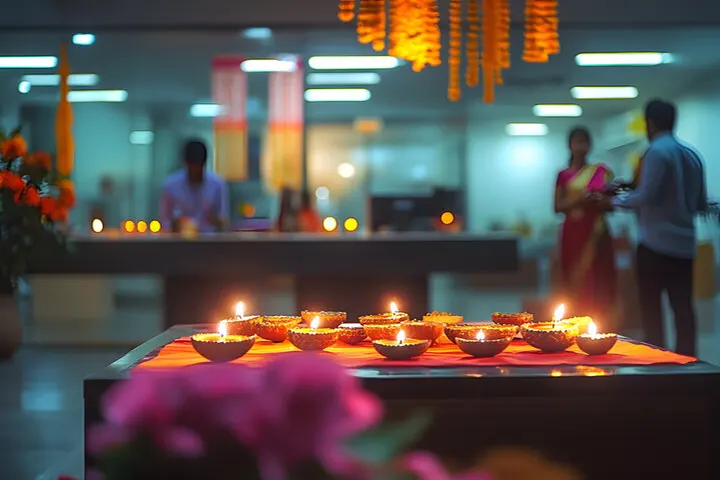 Elegant corporate office decorated with diyas (oil lamps) and vibrant flowers for a festive celebration, organized by Joyous Events