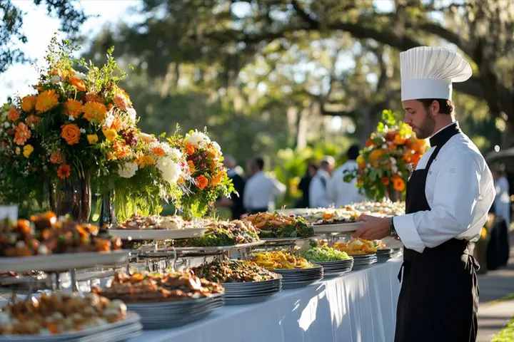 Chef in uniform organizing food on a decorated outdoor  buffet table at a corporate event